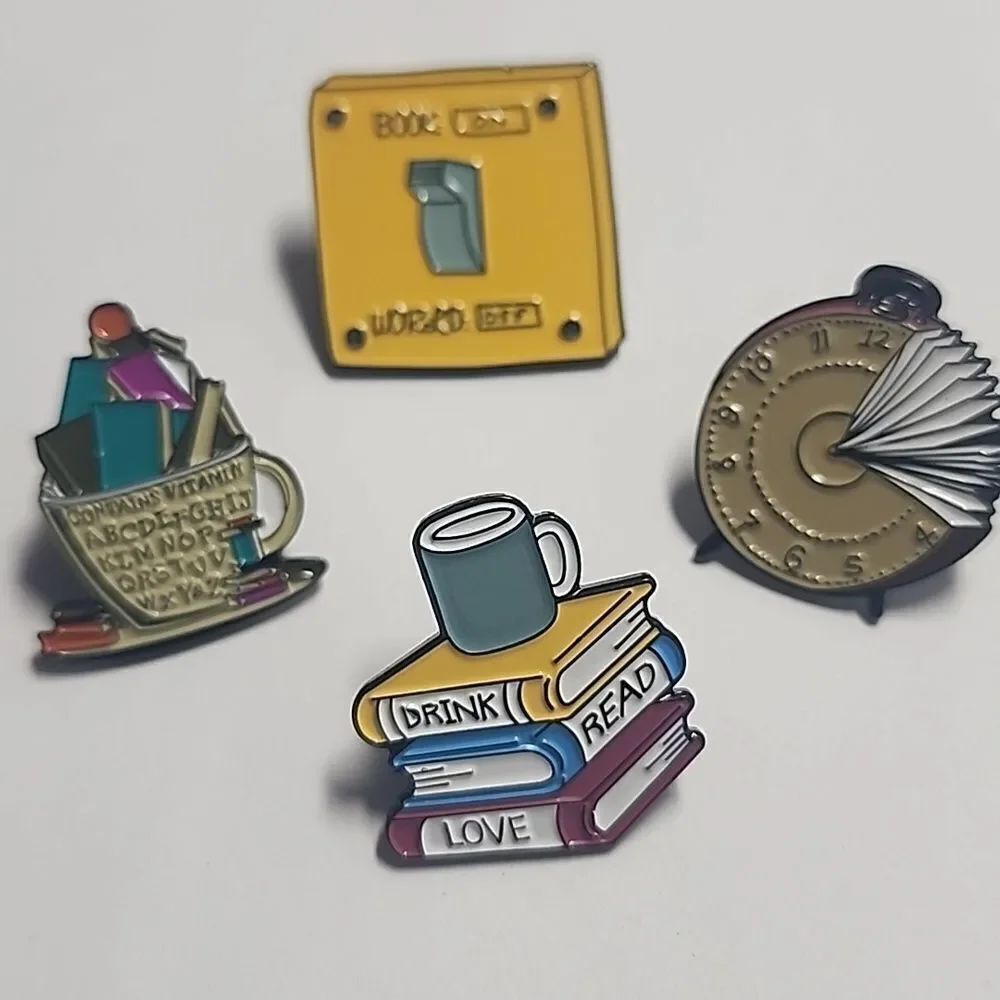 Colorful Enamel Pin Set Books Reading Drink Read Love Timer Book